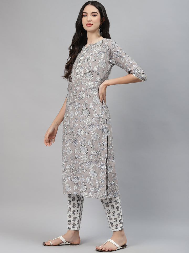 Grey Printed Cotton Suit Set