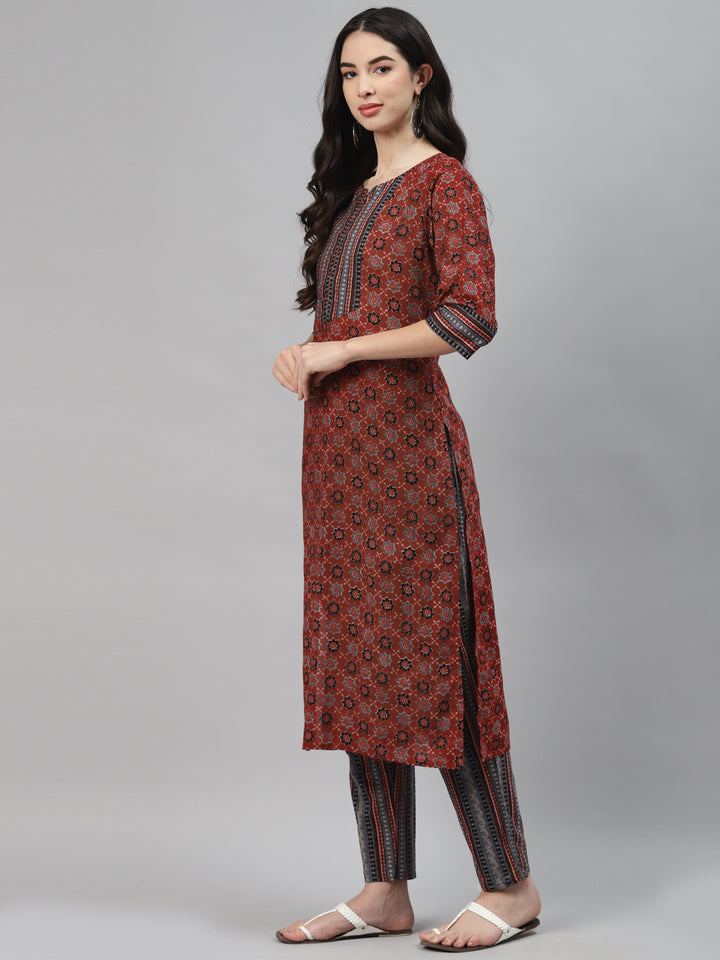 Maroon Printed Cotton Suit Set