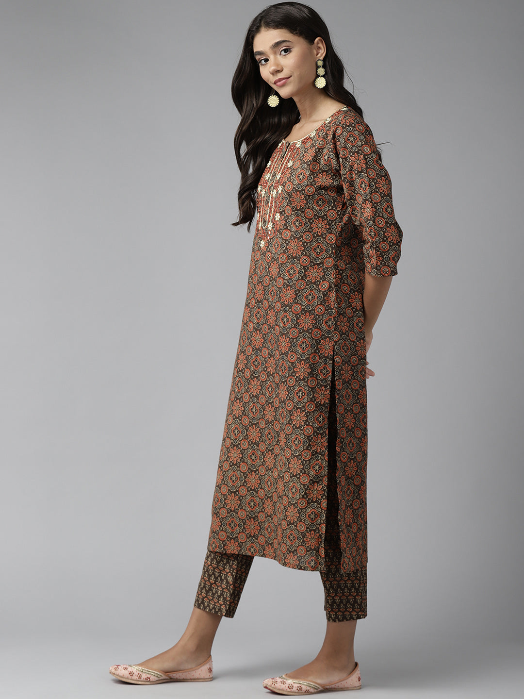 Brown Embroidered Cotton Suit Set