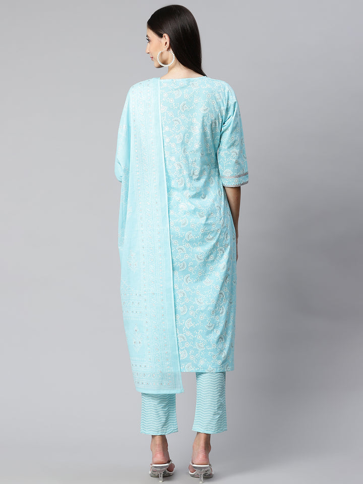 Blue Ethnic Motifs Printed Cotton Suit Set