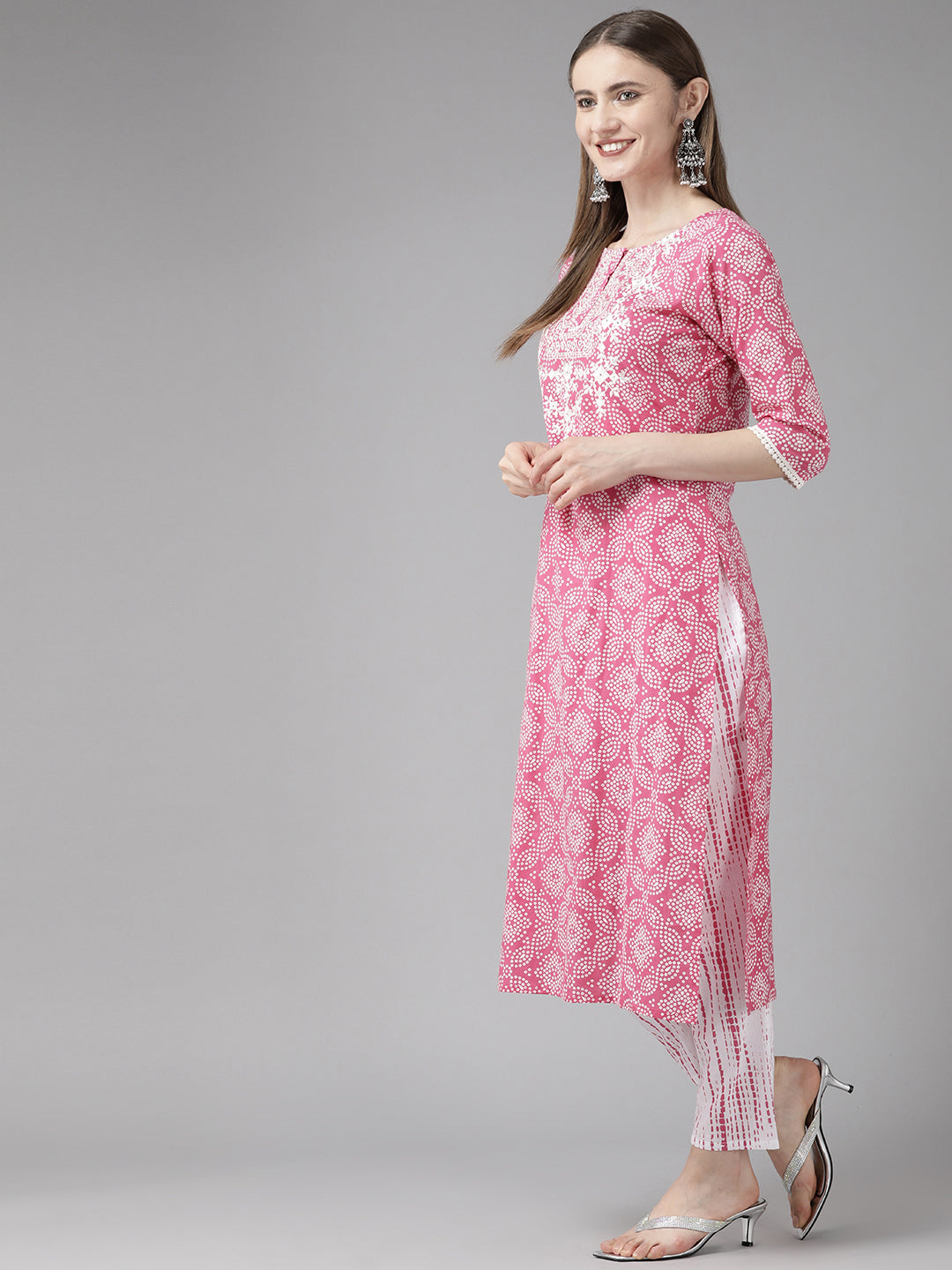 Pink Embroidered Bandhni Printed Cotton Suit Set