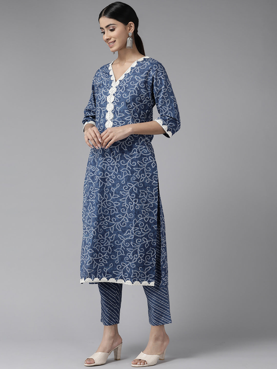 Navy Blue Mirror Work Bandhni Printed Cotton Suit Set