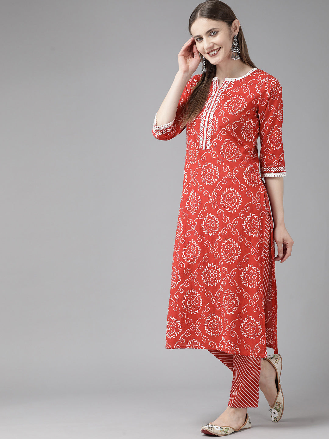 Red Bandhni Printed Cotton Suit Set