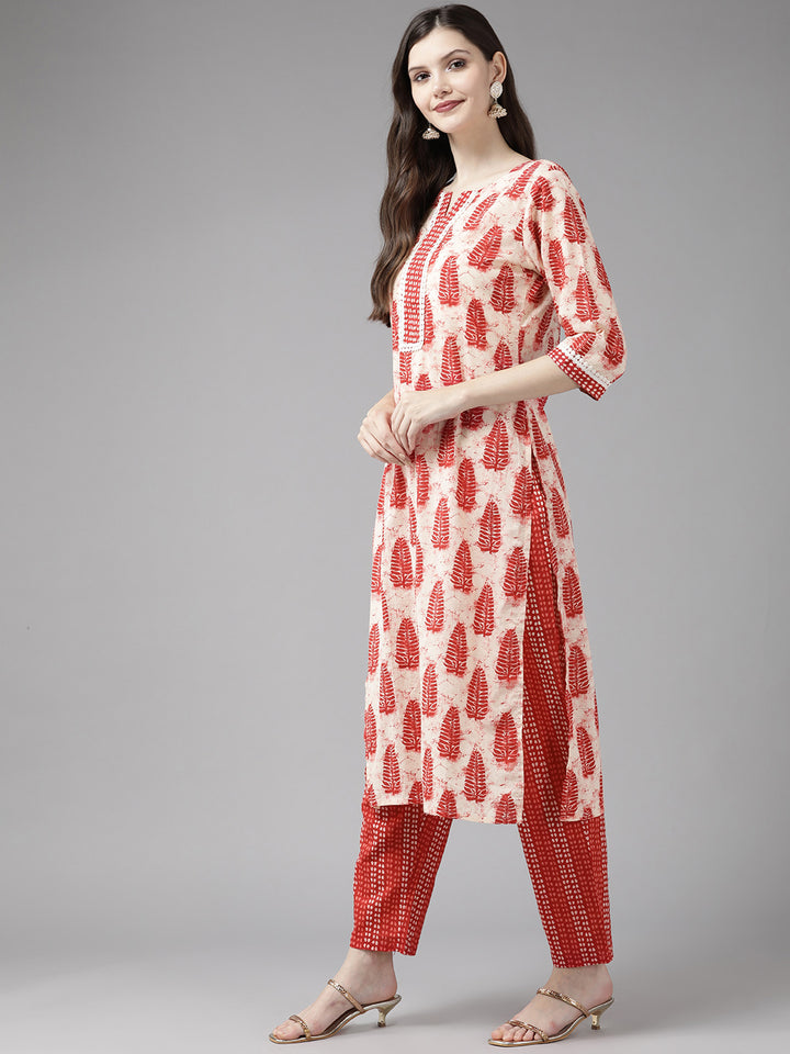 Red Ethnic Motifs Printed Cotton Suit Set