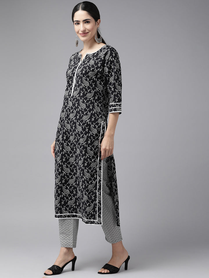 Black Ethnic Motif Printed Cotton Suit Set