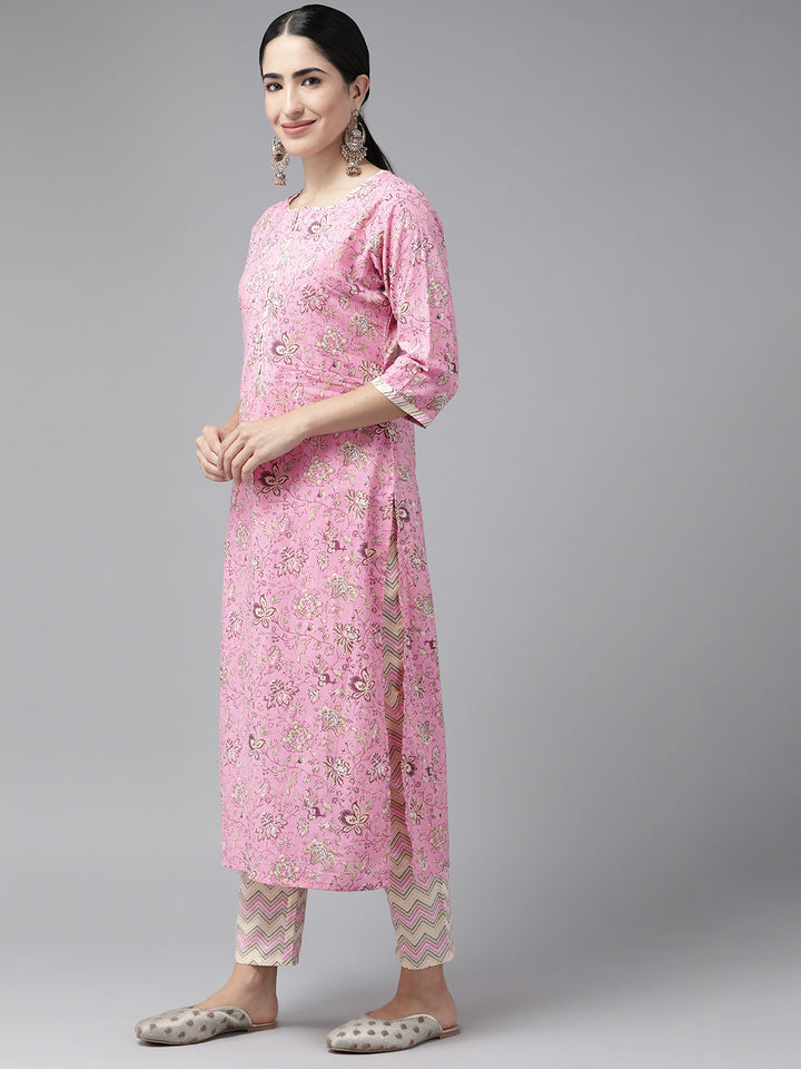 Pink Floral Printed Cotton Suit Set