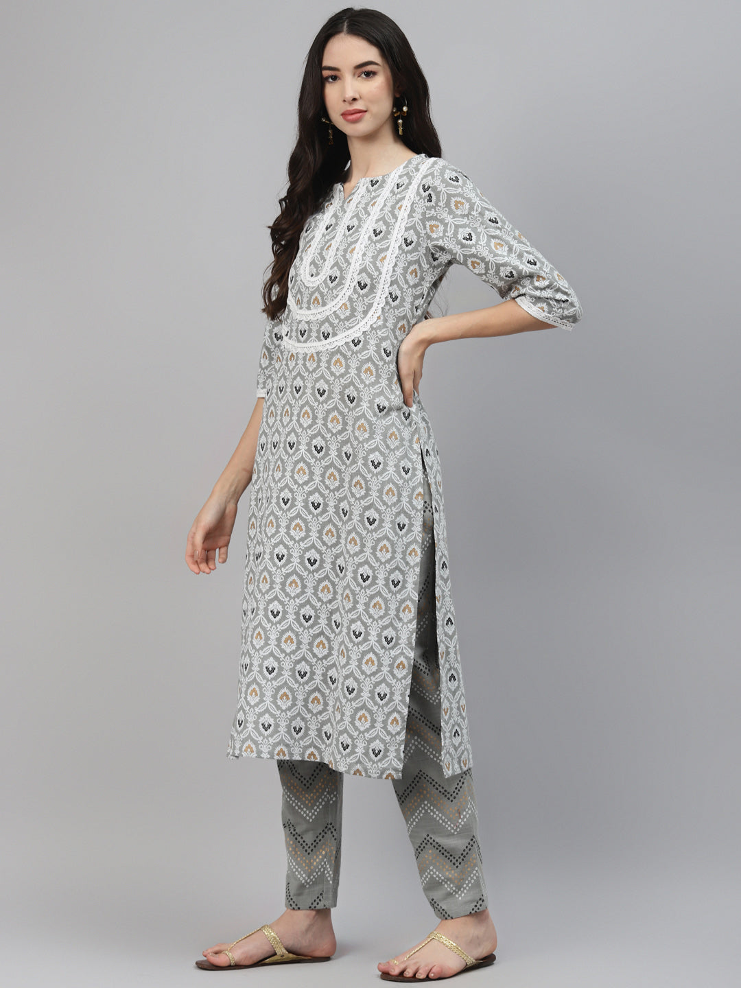 Grey Printed Cotton Suit Set