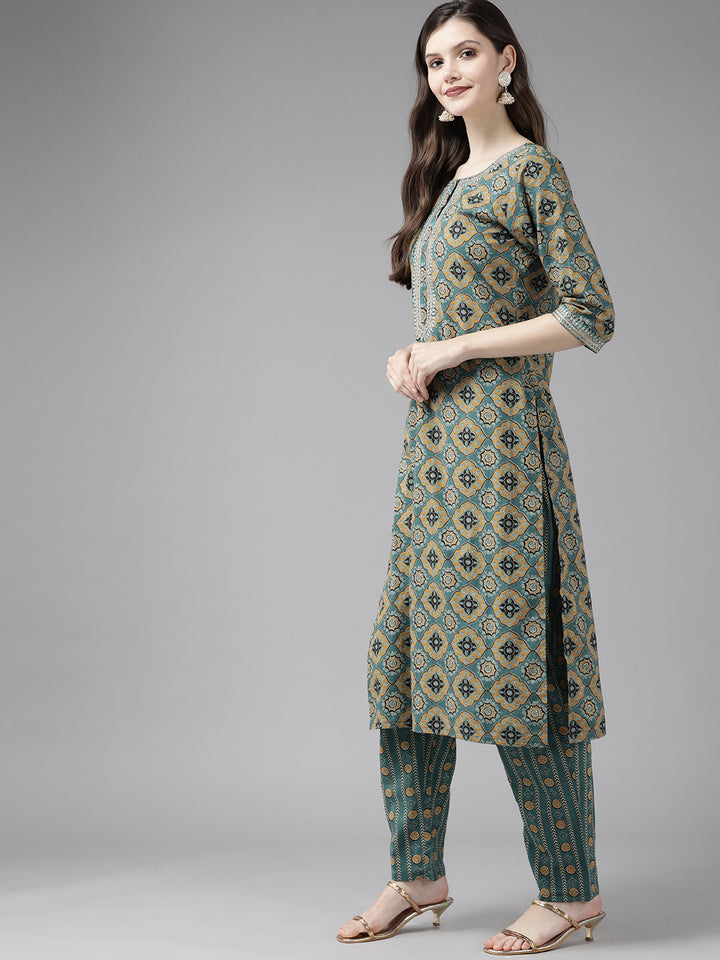 Blue Ethnic Motifs Printed Cotton Suit Set