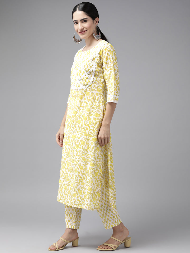 Yellow Floral Printed Cotton Suit Set