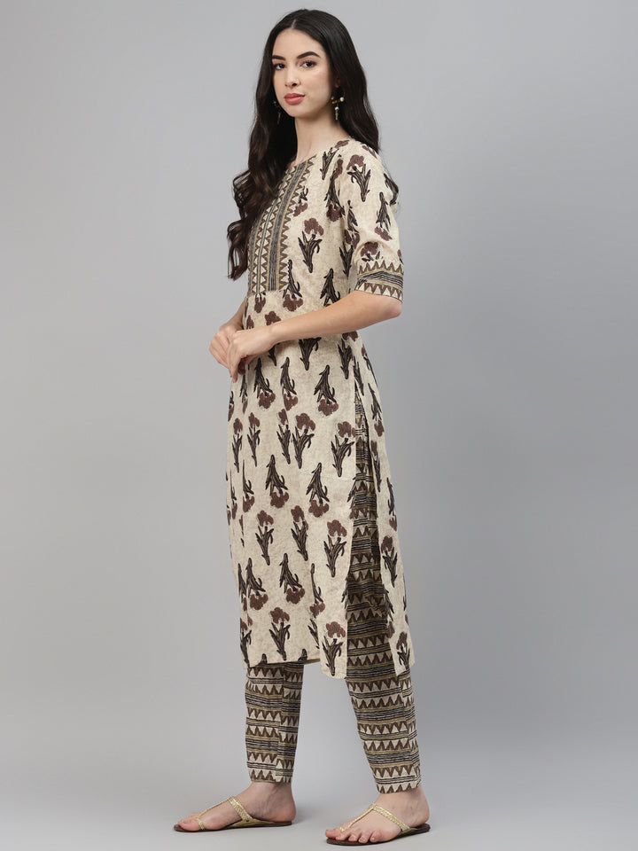 Brown Printed Cotton Suit Set