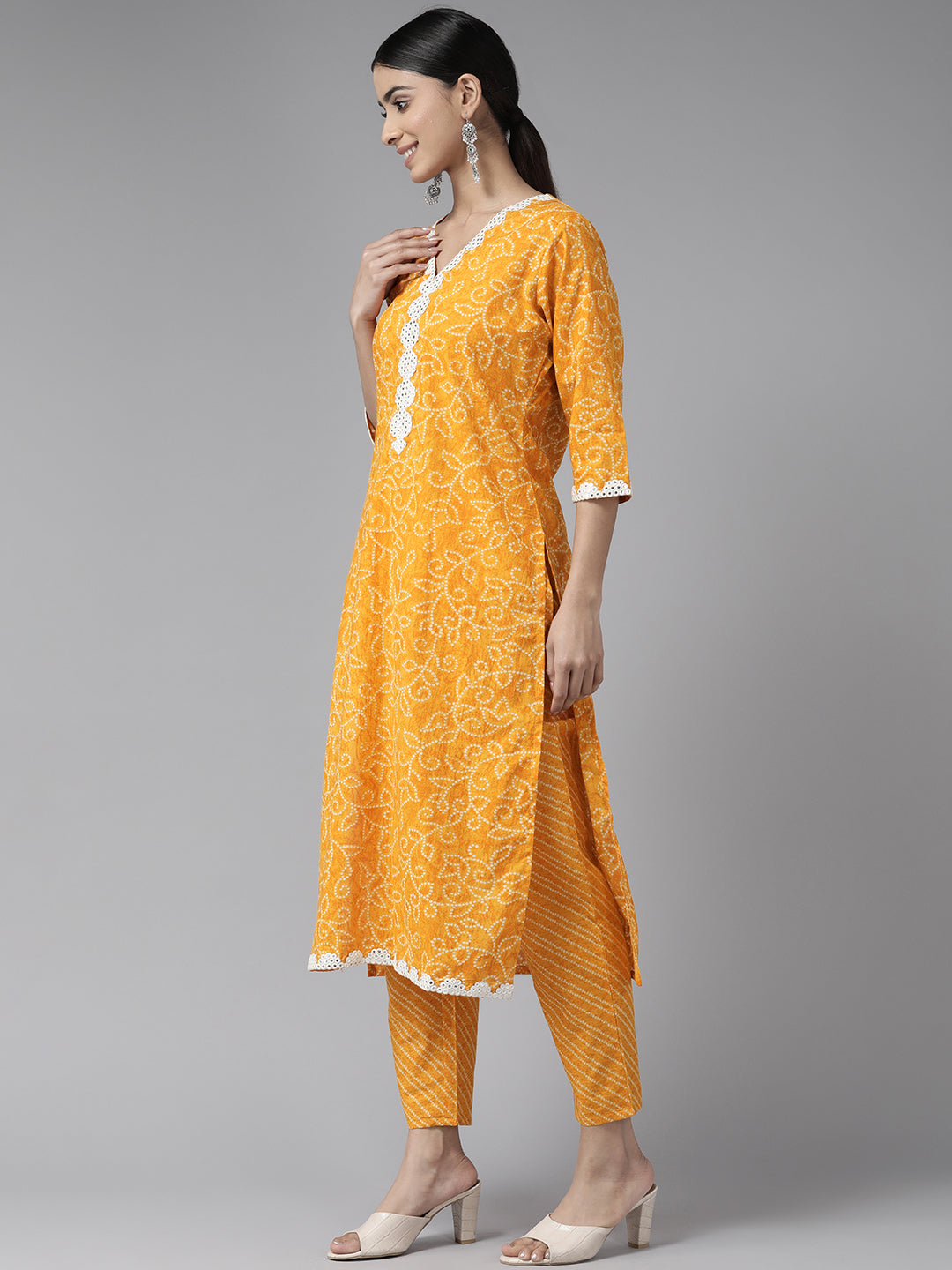 Yellow Mirror Work Bandhni Printed Cotton Suit Set