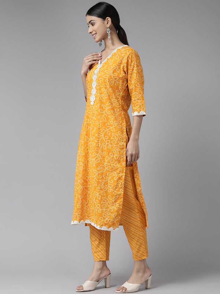 Yellow Mirror Work Bandhni Printed Cotton Suit Set