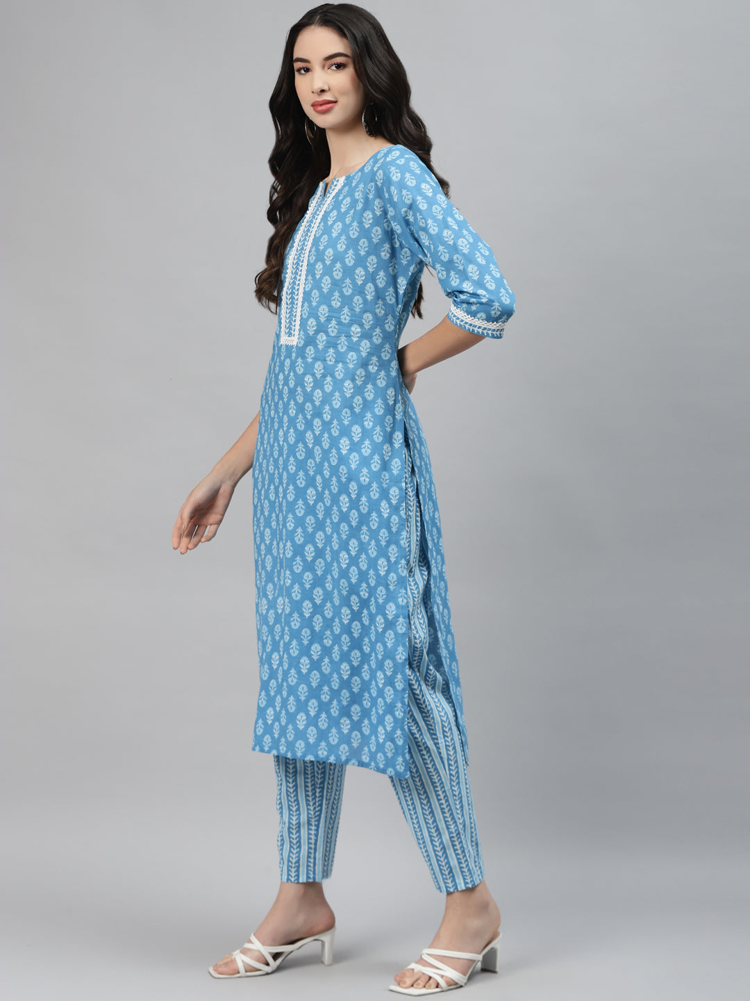 Blue Printed Cotton Suit Set