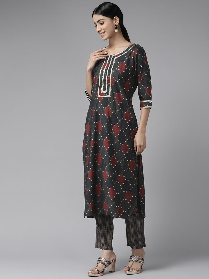 Black Printed Chanderi Silk Suit Set