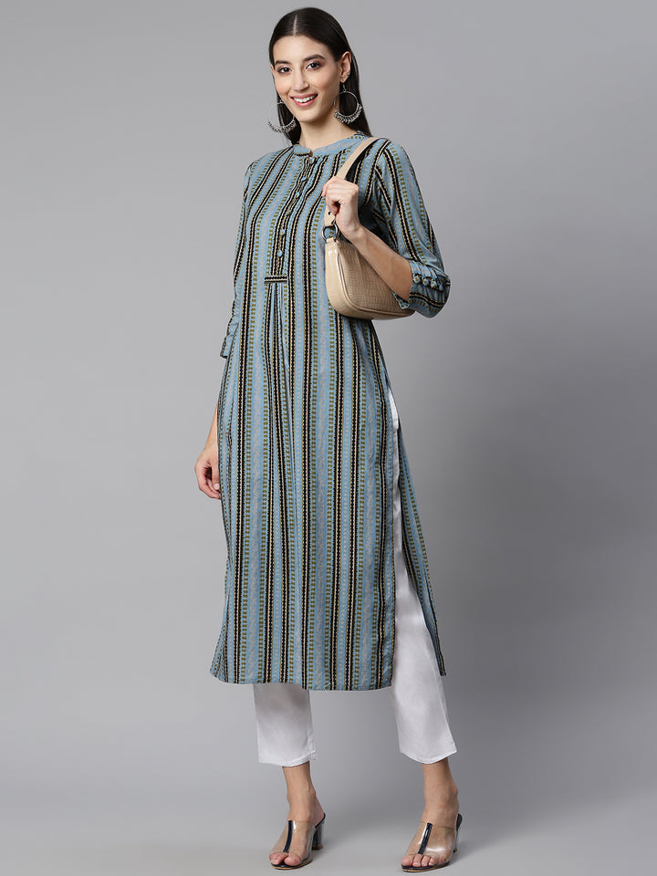 Blue & Black Printed Cotton Kurta