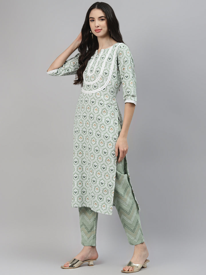 Green Printed Cotton Suit Set