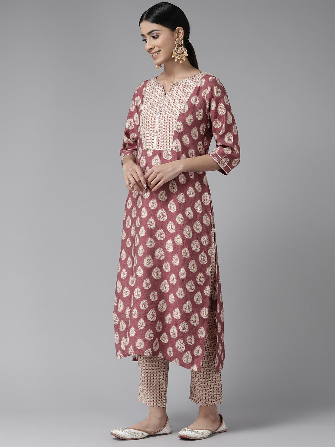 Dark Peach Ethnic Printed Chanderi Silk Suit Set