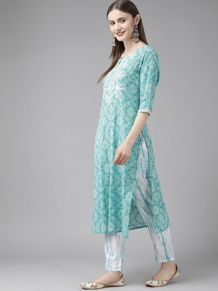 Blue Embroidered Bandhni Printed Cotton Suit Set