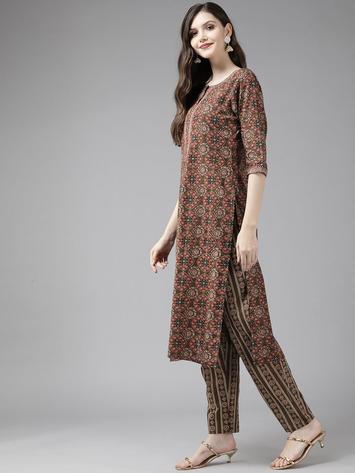 Brown Ethnic Motifs Printed Cotton Suit Set