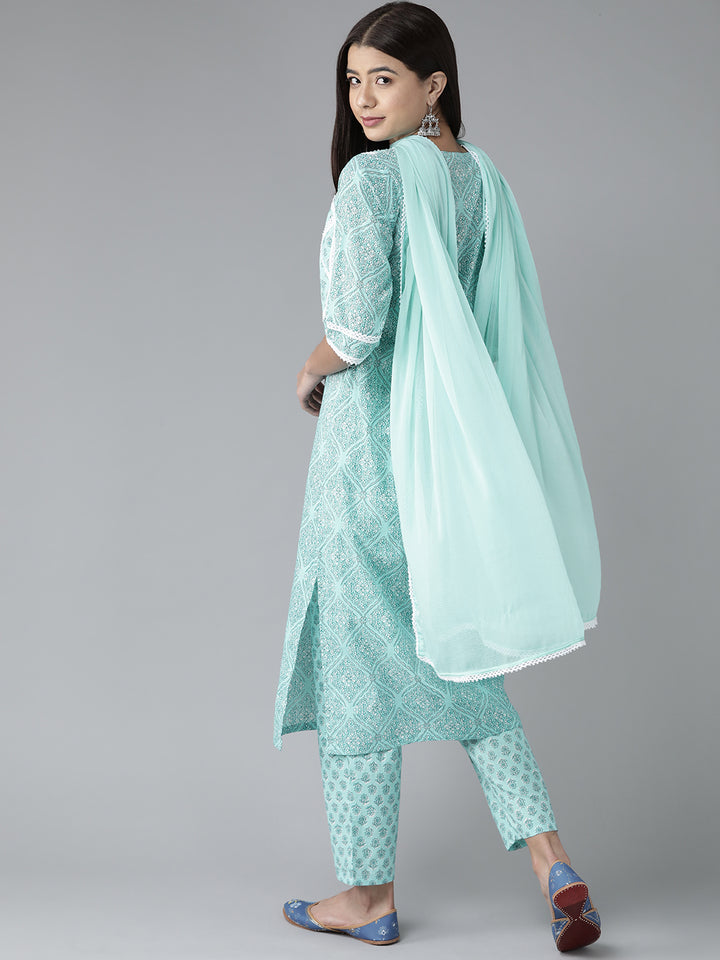 Turquoise Blue Printed Cotton Suit Set