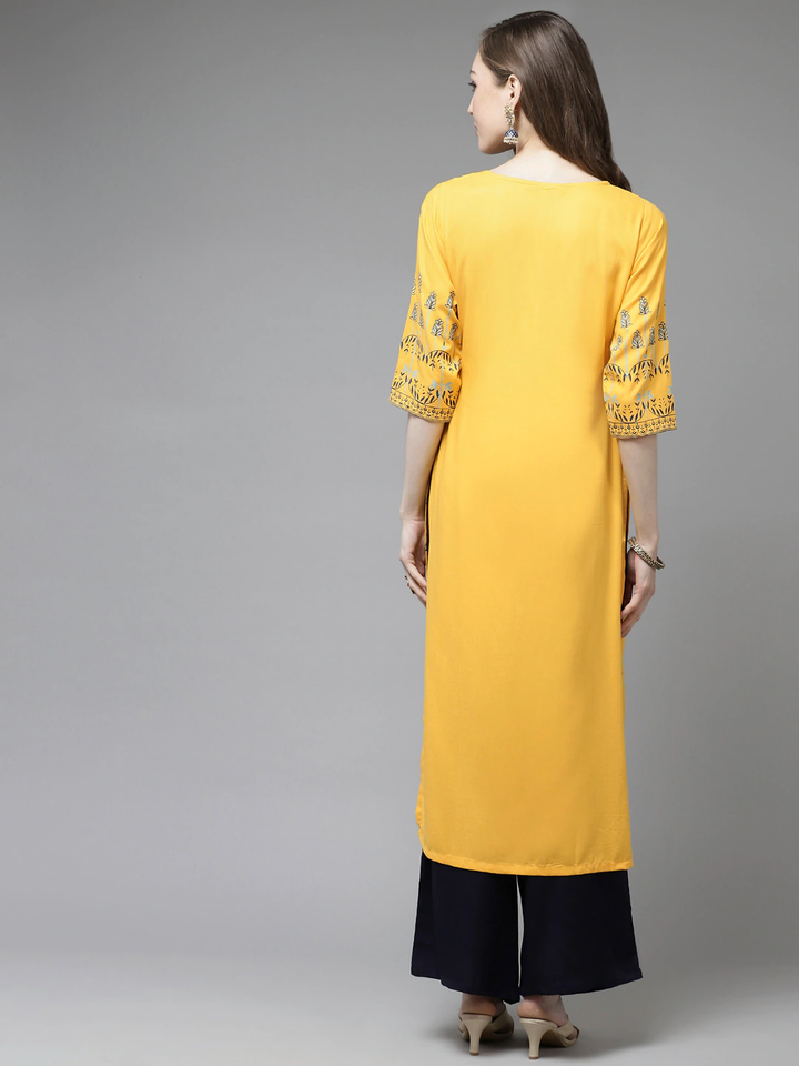 Yellow Hand Printed Rayon Kurta