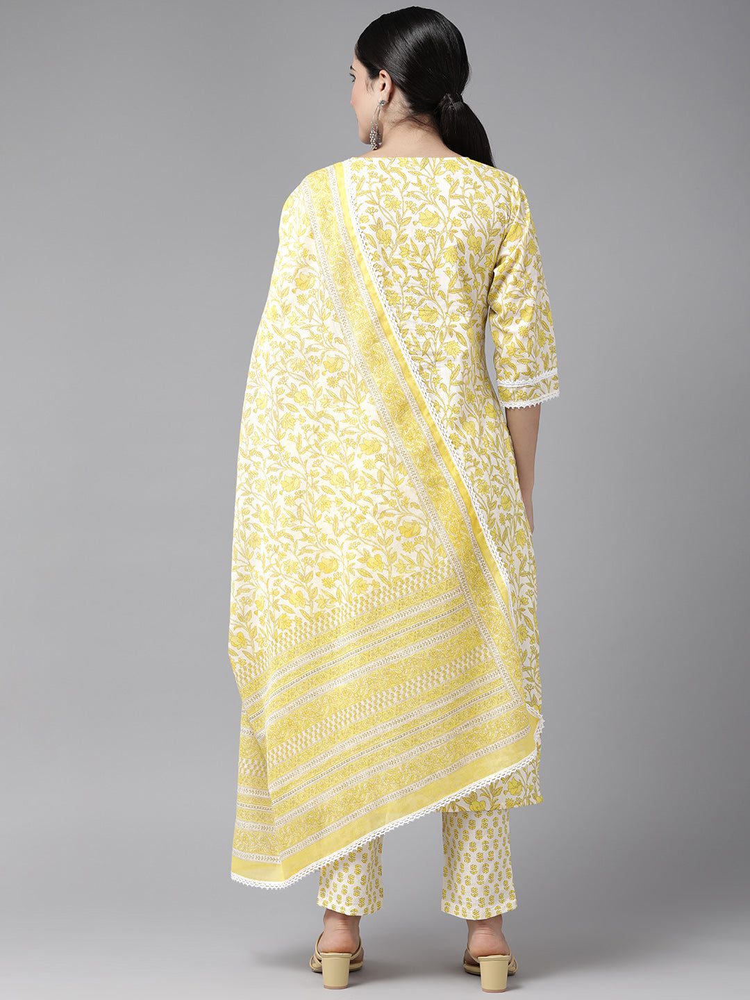 Yellow Floral Printed Cotton Suit Set