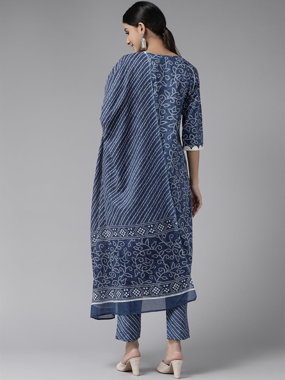 Navy Blue Mirror Work Bandhni Printed Cotton Suit Set