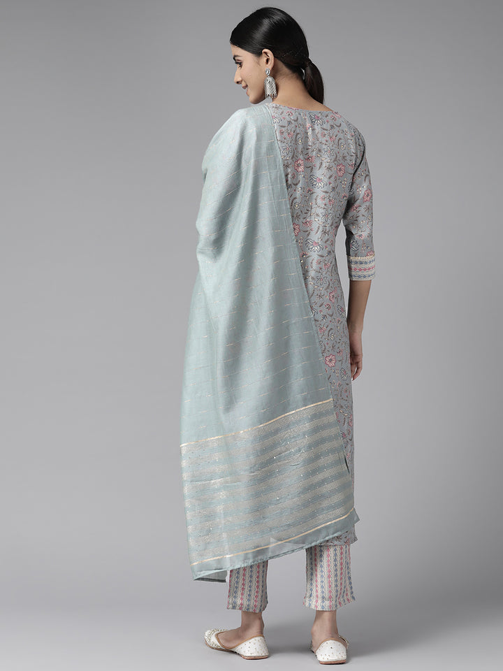 Grey Floral Printed Chanderi Silk Suit Set