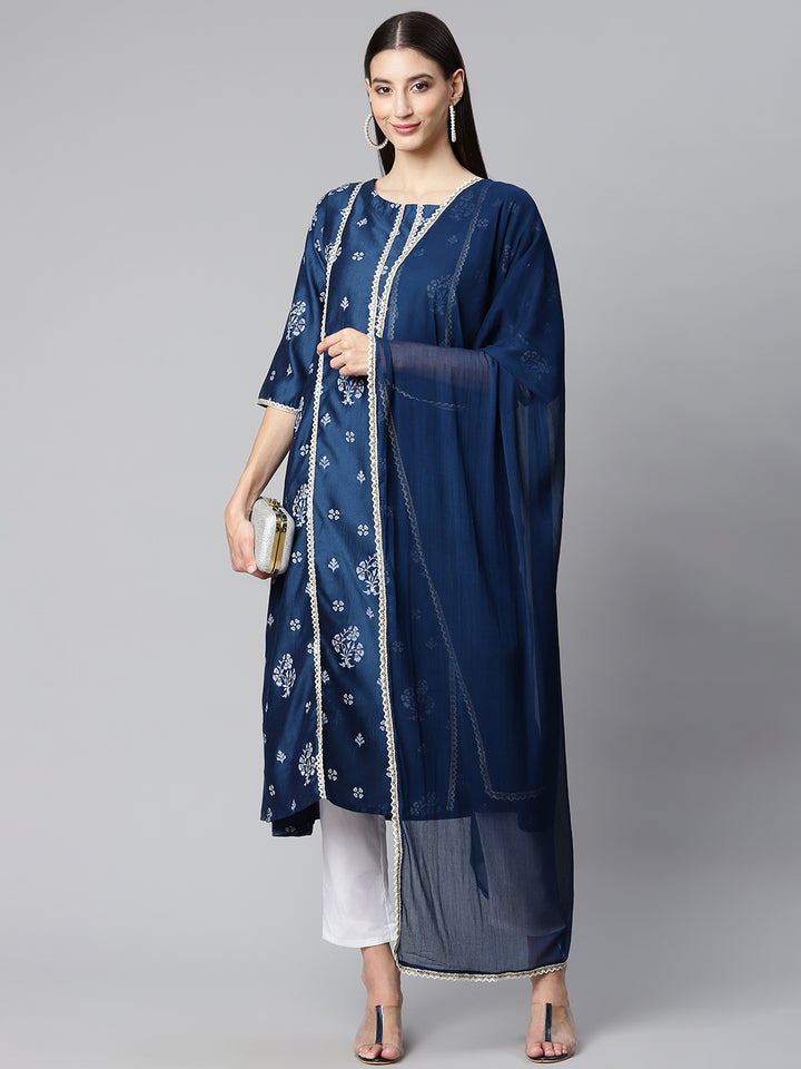 Navy Blue Silk Suit Set