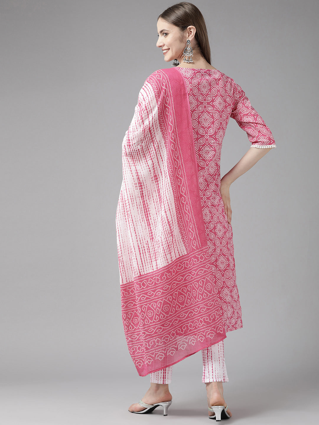 Pink Embroidered Bandhni Printed Cotton Suit Set