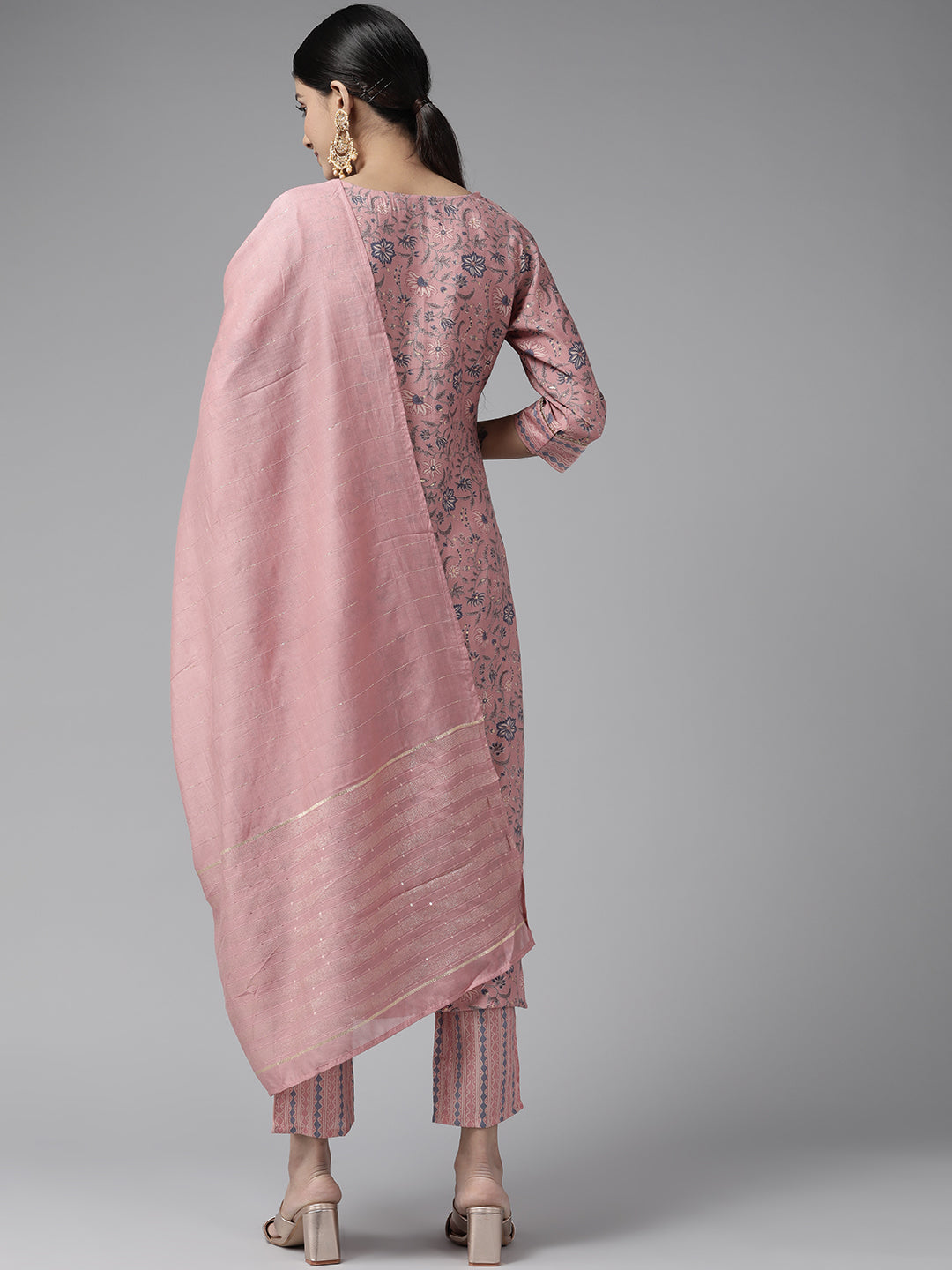 Peach Floral Printed Chanderi Silk Suit Set