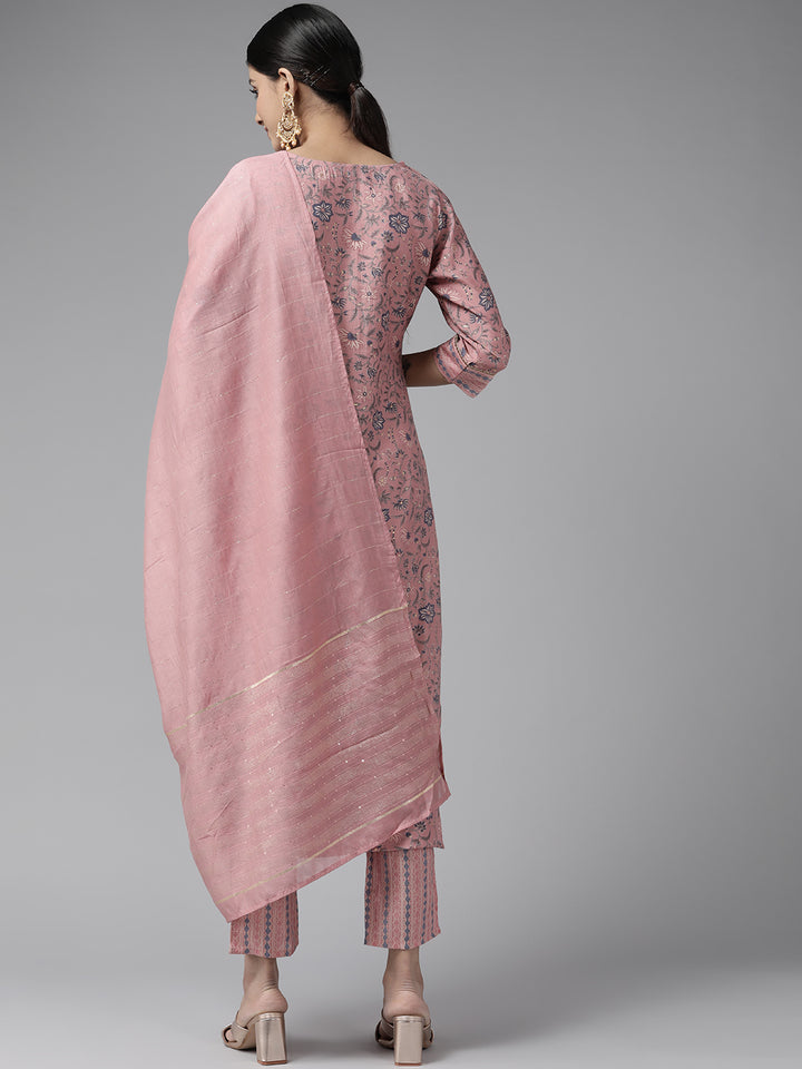 Peach Floral Printed Chanderi Silk Suit Set