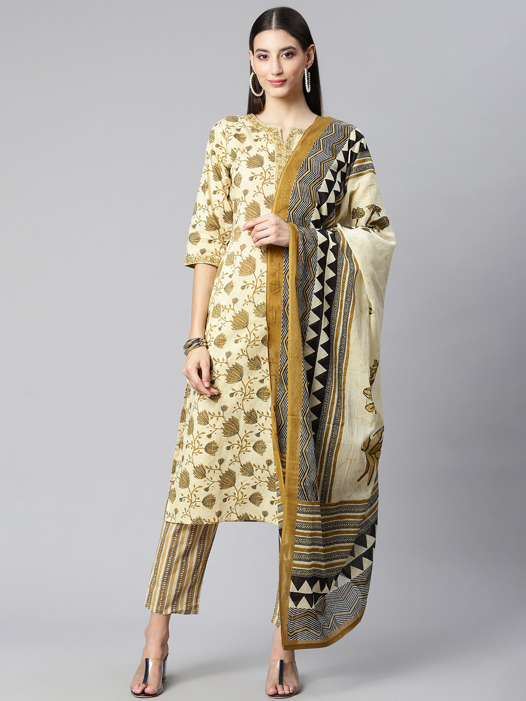 Yellow Printed Cotton Suit Set