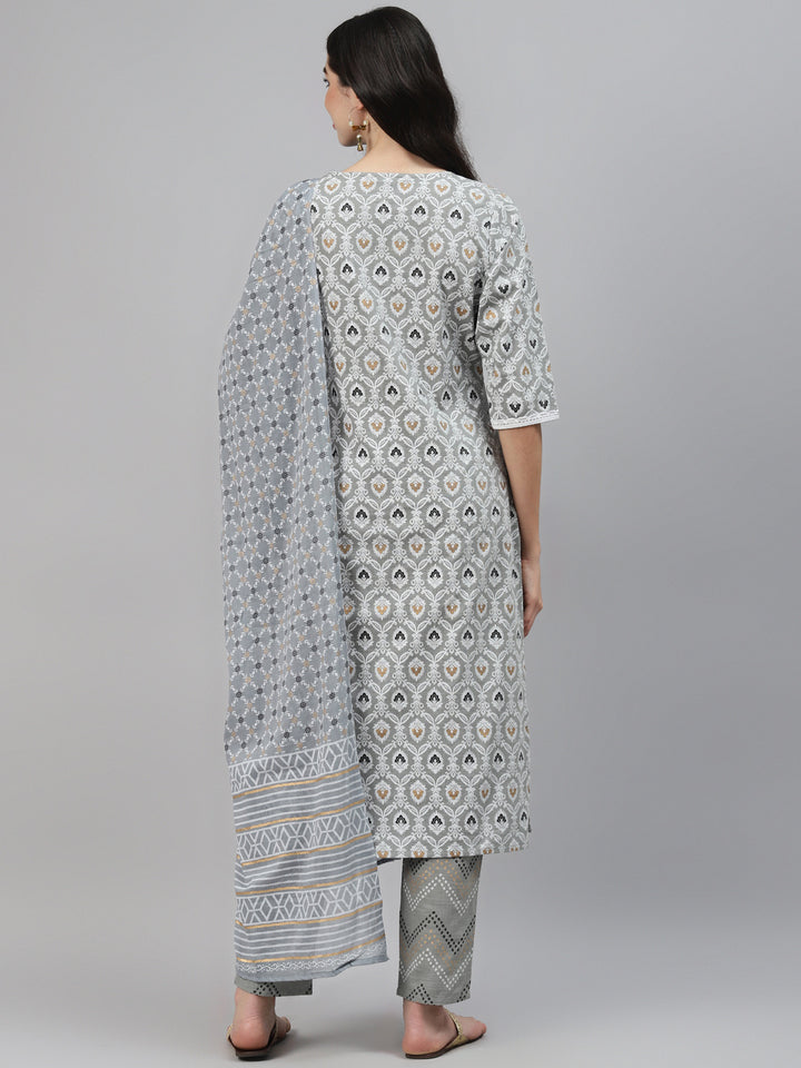 Grey Printed Cotton Suit Set