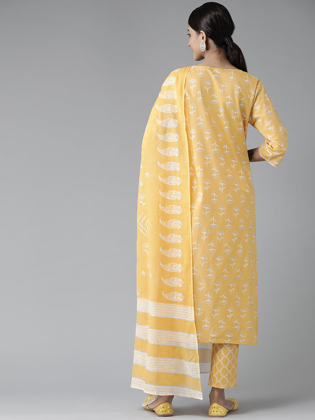 Yellow Silver Printed Cotton Suit Set