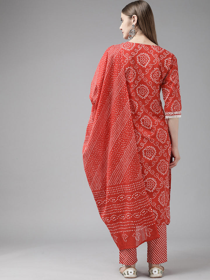 Red Bandhni Printed Cotton Suit Set