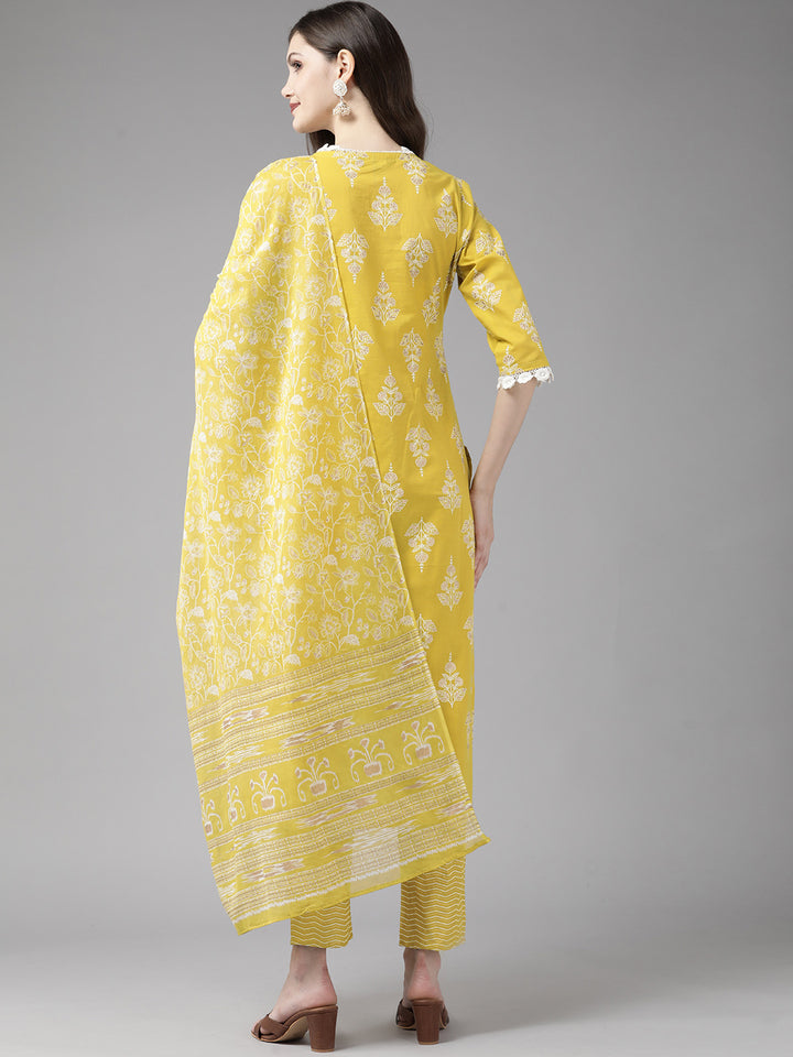 Yellow Floral Printed Cotton Suit Set