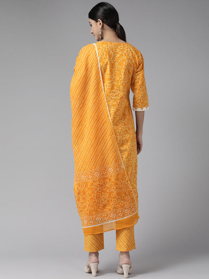 Yellow Mirror Work Bandhni Printed Cotton Suit Set