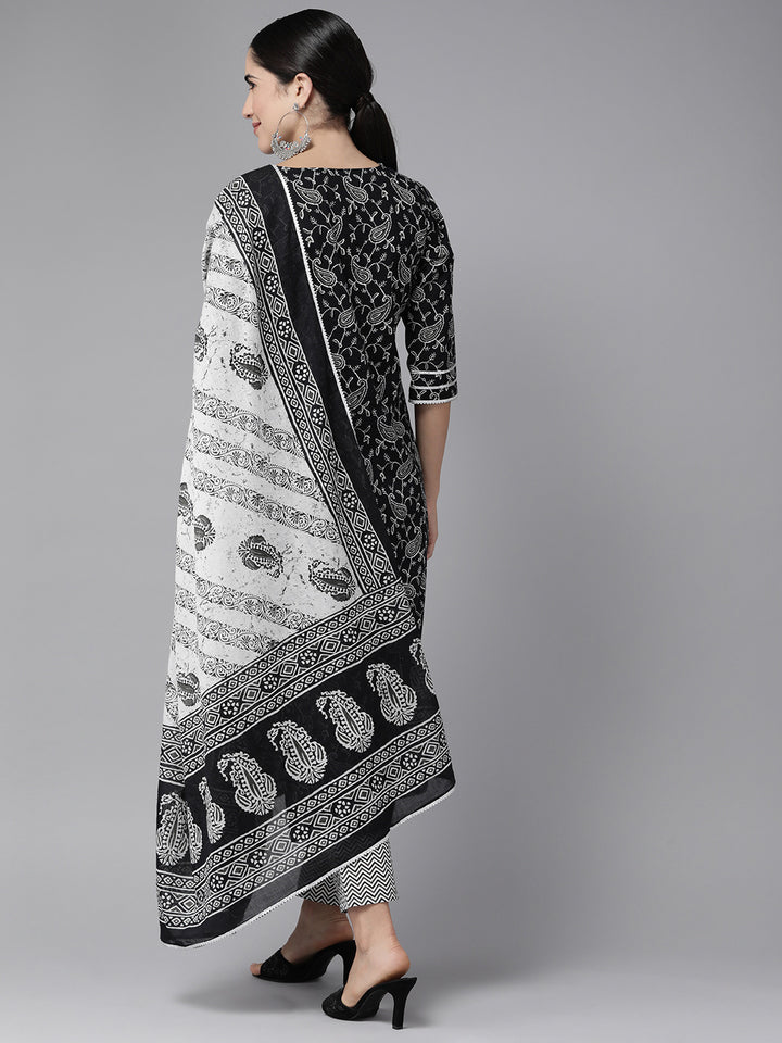 Black Ethnic Motif Printed Cotton Suit Set