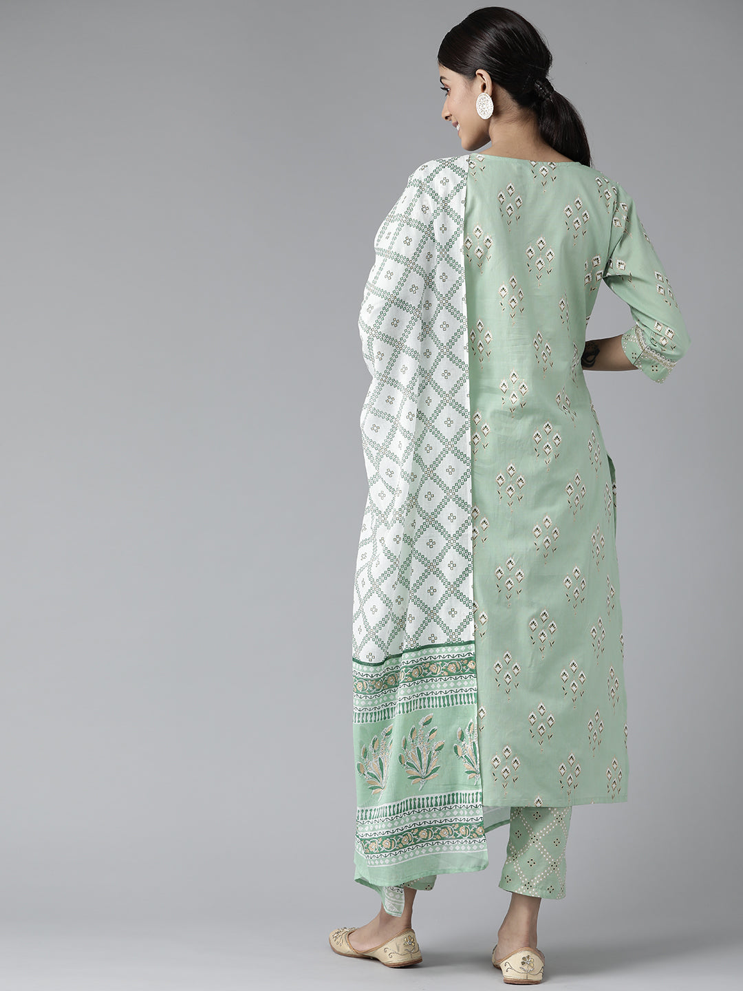 Green Printed Cotton Suit Set