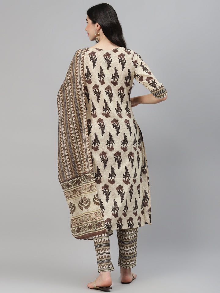 Brown Printed Cotton Suit Set