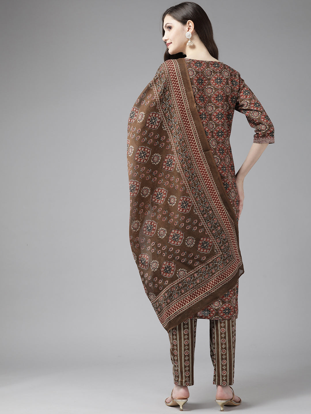 Brown Ethnic Motifs Printed Cotton Suit Set