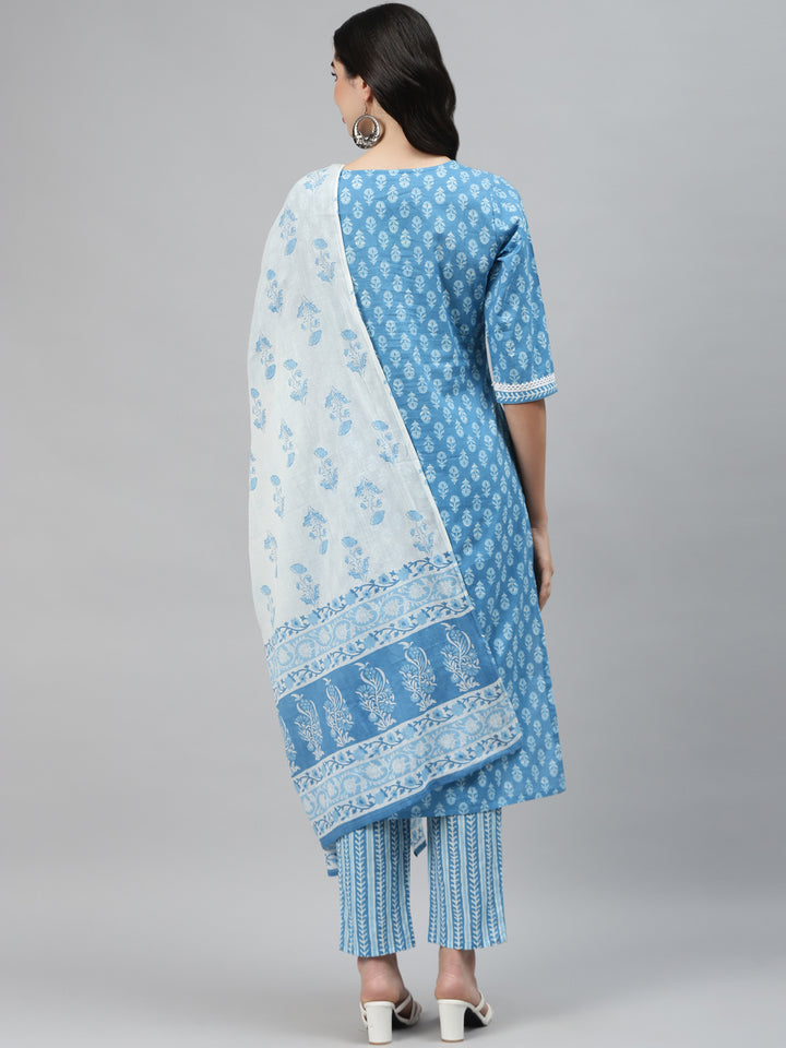 Blue Printed Cotton Suit Set