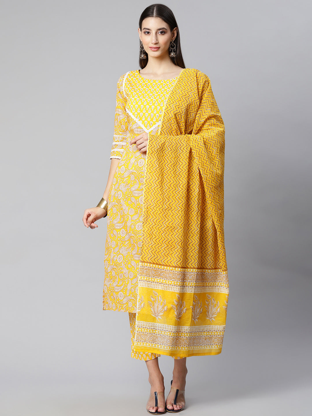 Yellow Sequin Cotton Suit Set