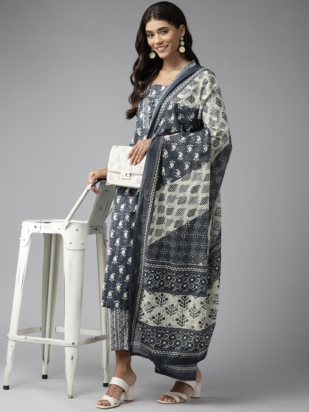 Grey Printed Cotton Suit Set