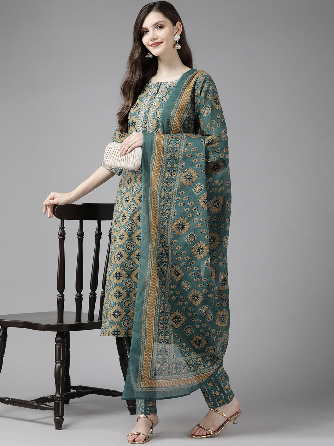 Blue Ethnic Motifs Printed Cotton Suit Set