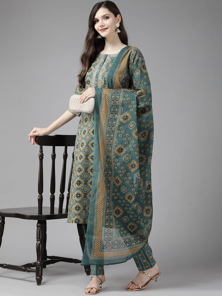 Blue Ethnic Motifs Printed Cotton Suit Set