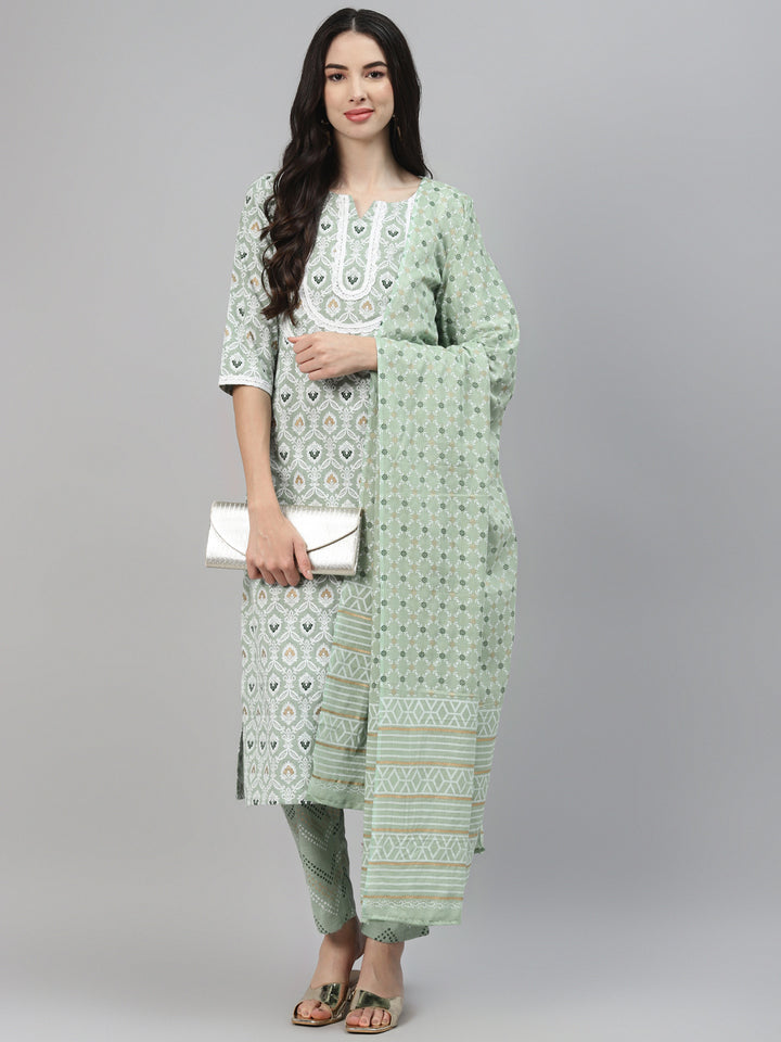 Green Printed Cotton Suit Set