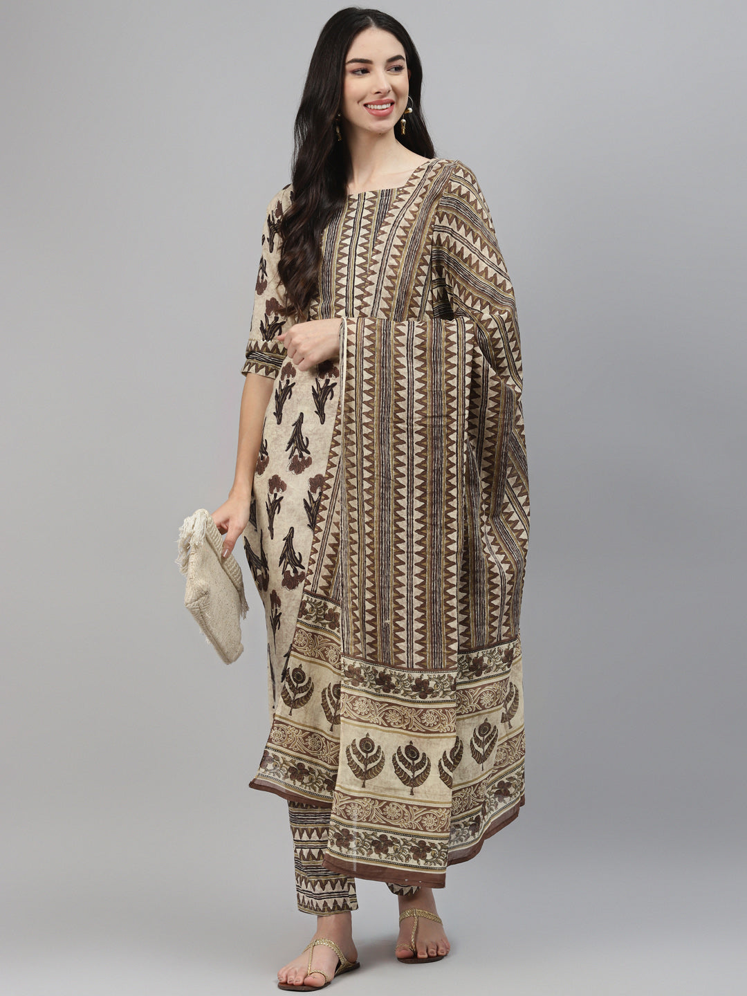 Brown Printed Cotton Suit Set