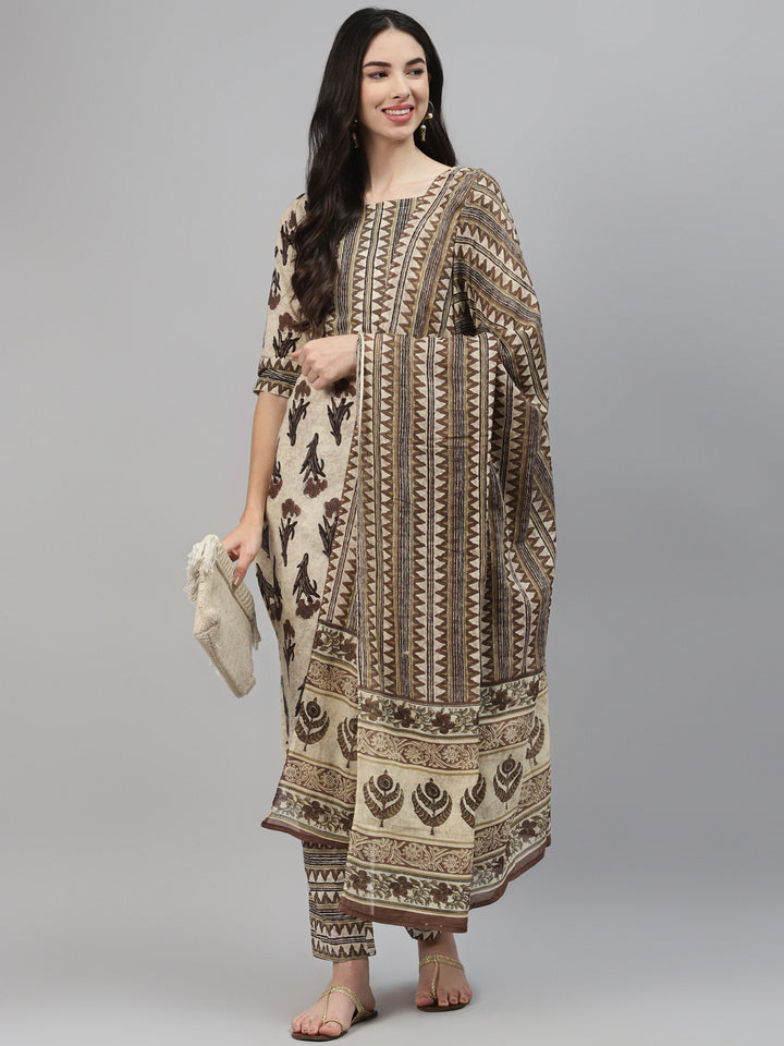 Brown Printed Cotton Suit Set